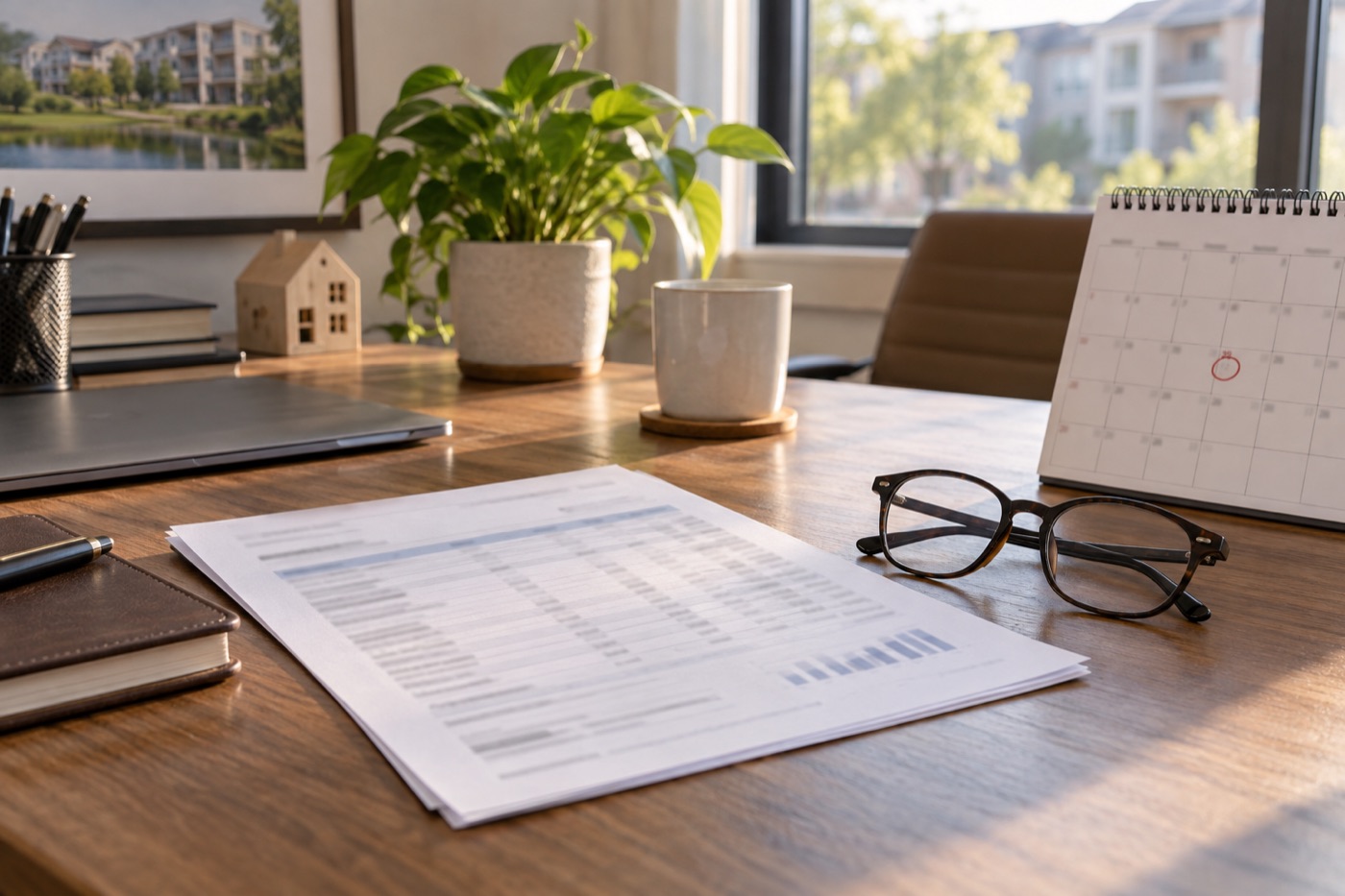 Loan statement and calendar on an office desk ahead of a mortgage maturity date