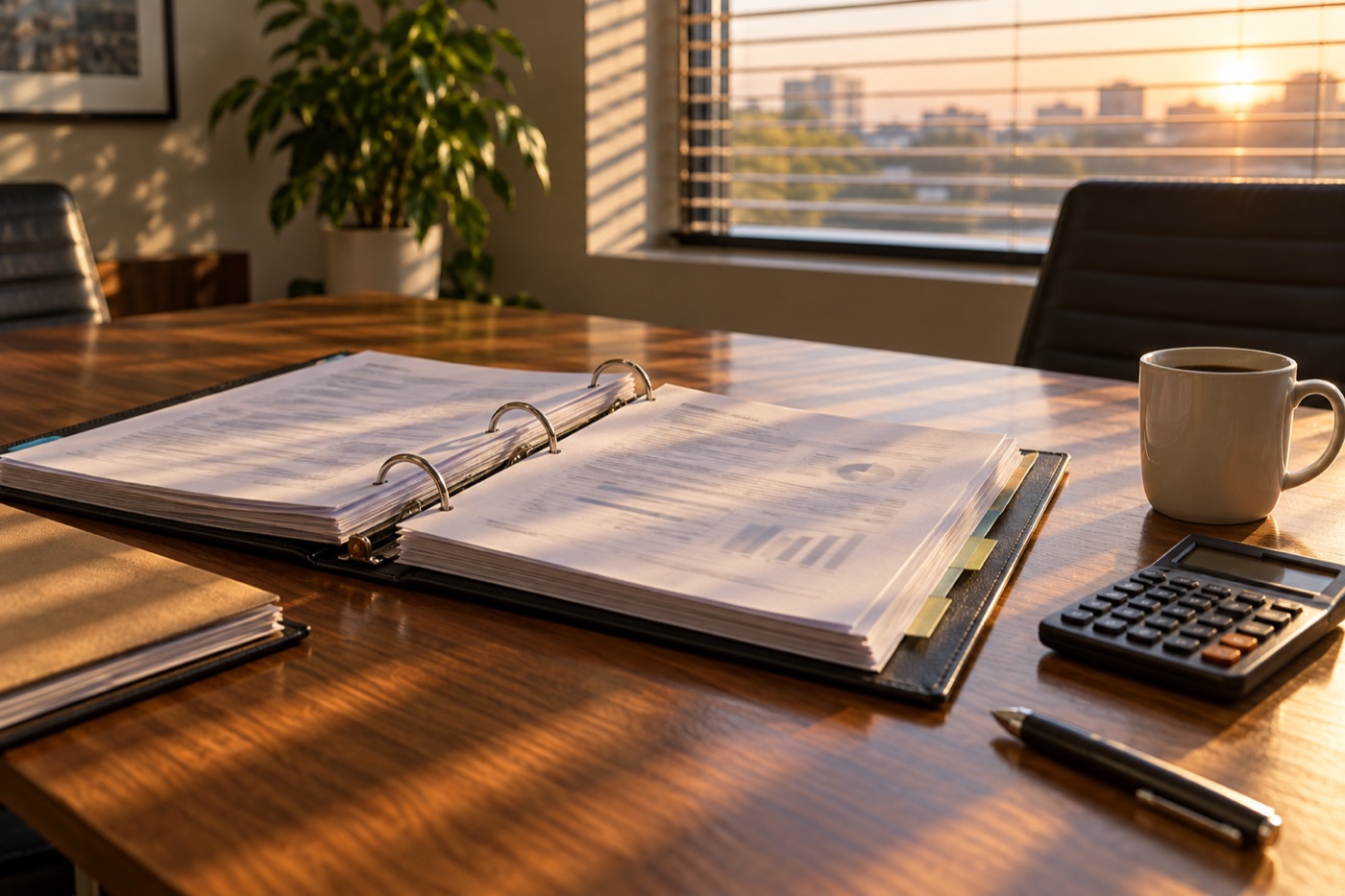 Loan documents and a calculator on a conference table during refinance planning