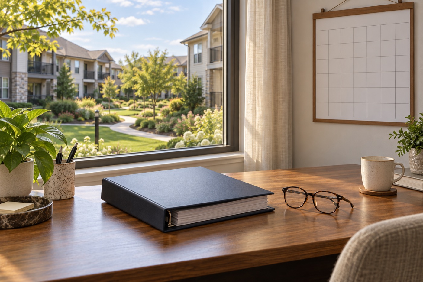 Desk with a calendar and property binder overlooking an apartment complex